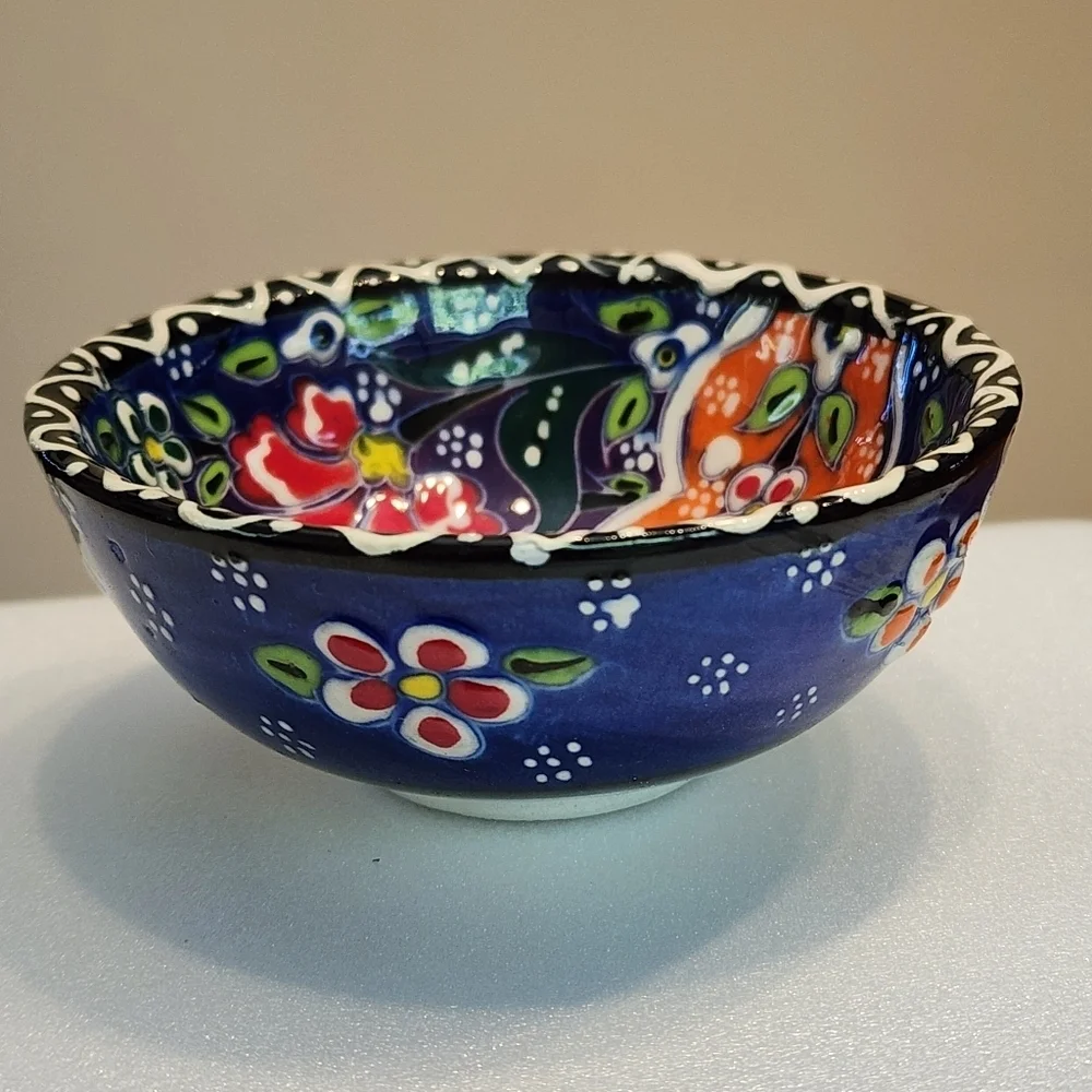 Hand Painted Embossed Ceramic Small Bowl Turkish Style Floral Bright Ring Dish